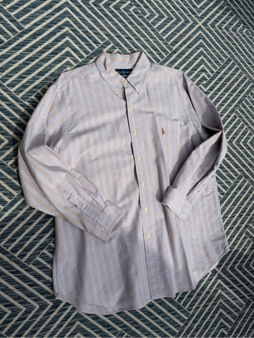 Ralph Lauren Men's Button-Down Shirt in Beige with Light Blue Stripes XXL 17.5